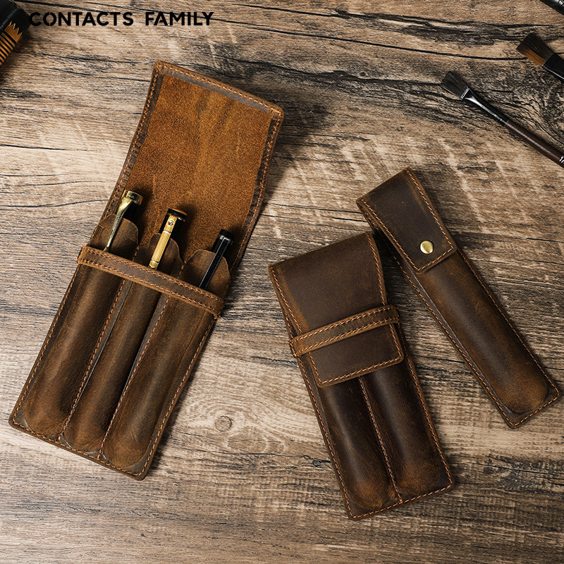 Leather Fountain Pen Case 3 Slots Pouch - Retro skórzane etui na długopisy w