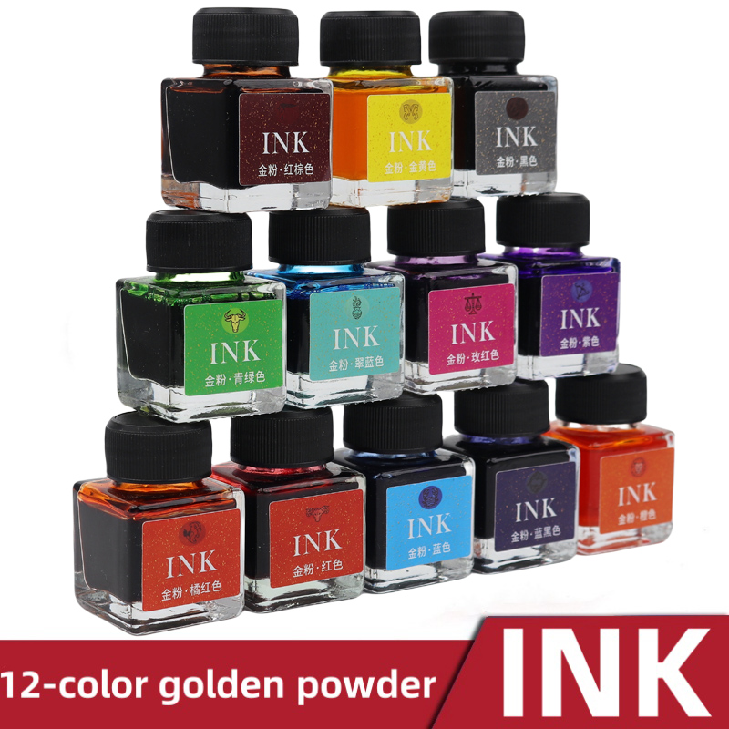 Glass Dip Pen Calligraphy Ink Set - 12-kolorowy zestaw błyszczących złotych proszkowych tuszy